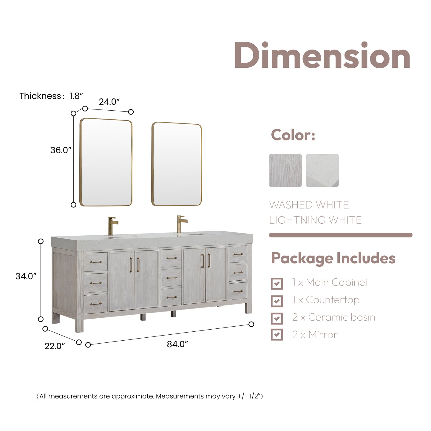León 84" Free-standing Double Bathroom Vanity in Washed White