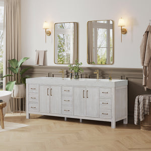 León 84in. Free-standing Double Bathroom Vanity in Washed White with Composite top in Lightning White