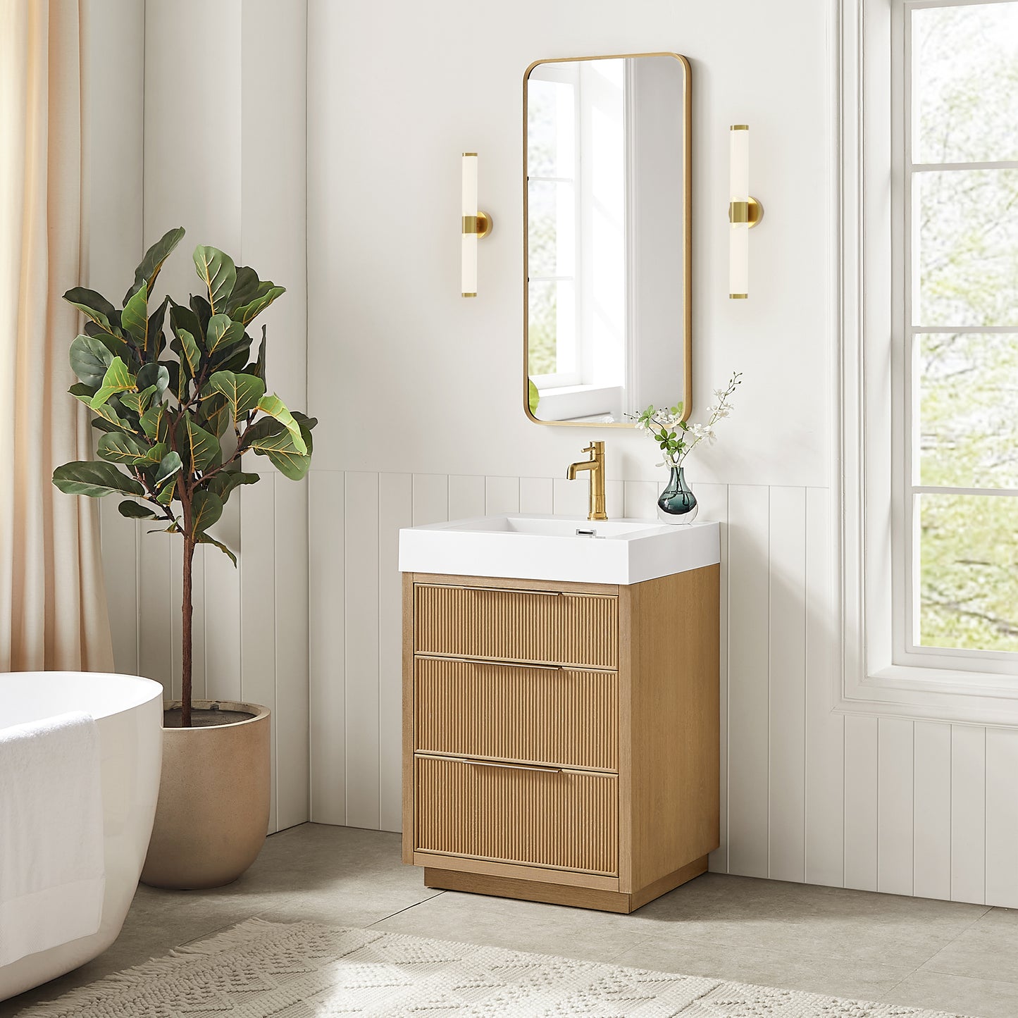Hohhot 24" Free-standing Single Bath Vanity in Washed Ash Grey with White Integrated Stone Sink Top