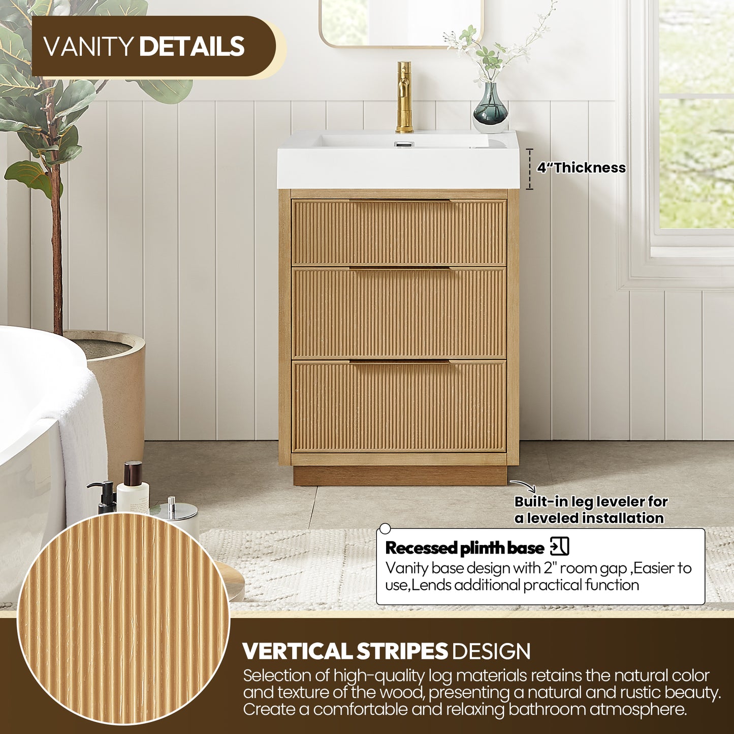 Hohhot 24" Free-standing Single Bath Vanity in Washed Ash Grey with White Integrated Stone Sink Top