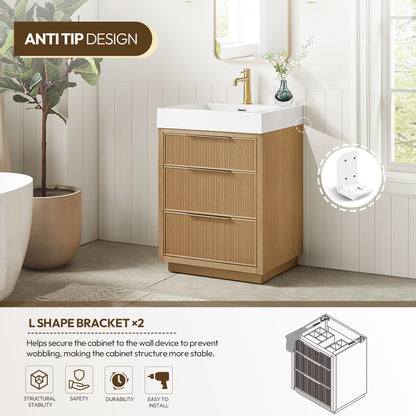Hohhot 24" Free-standing Single Bath Vanity in Washed Ash Grey with White Integrated Stone Sink Top