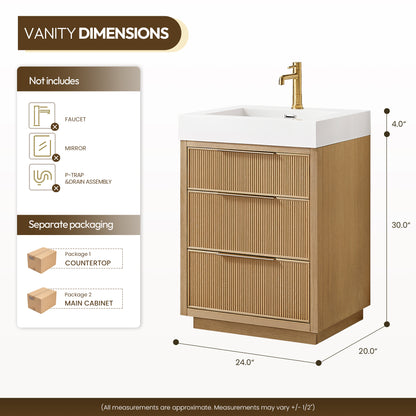 Hohhot 24" Free-standing Single Bath Vanity in Washed Ash Grey with White Integrated Stone Sink Top