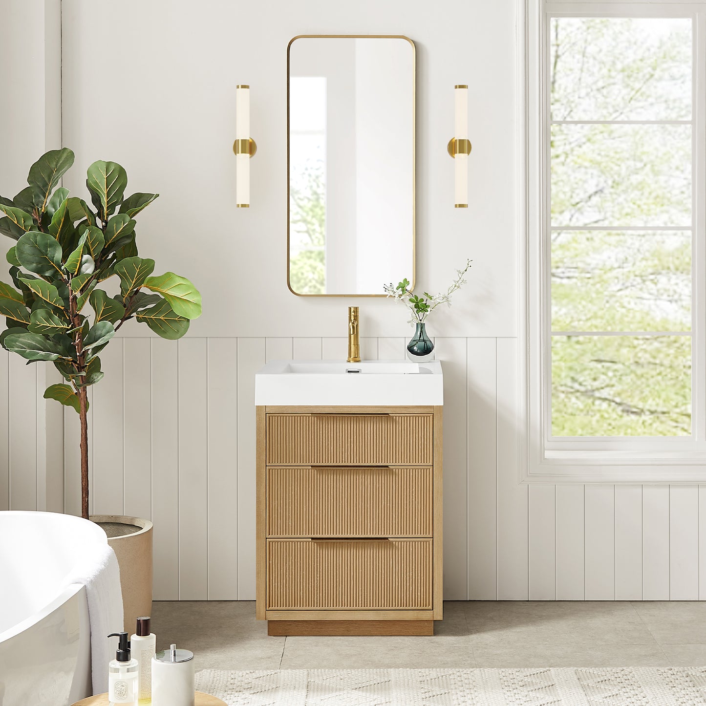 Hohhot 24" Free-standing Single Bath Vanity in Washed Ash Grey with White Integrated Stone Sink Top