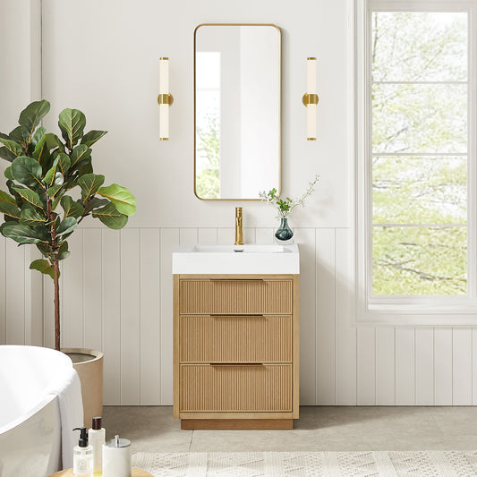 Hohhot 24" Free-standing Single Bath Vanity in Washed Ash Grey with White Integrated Stone Sink Top