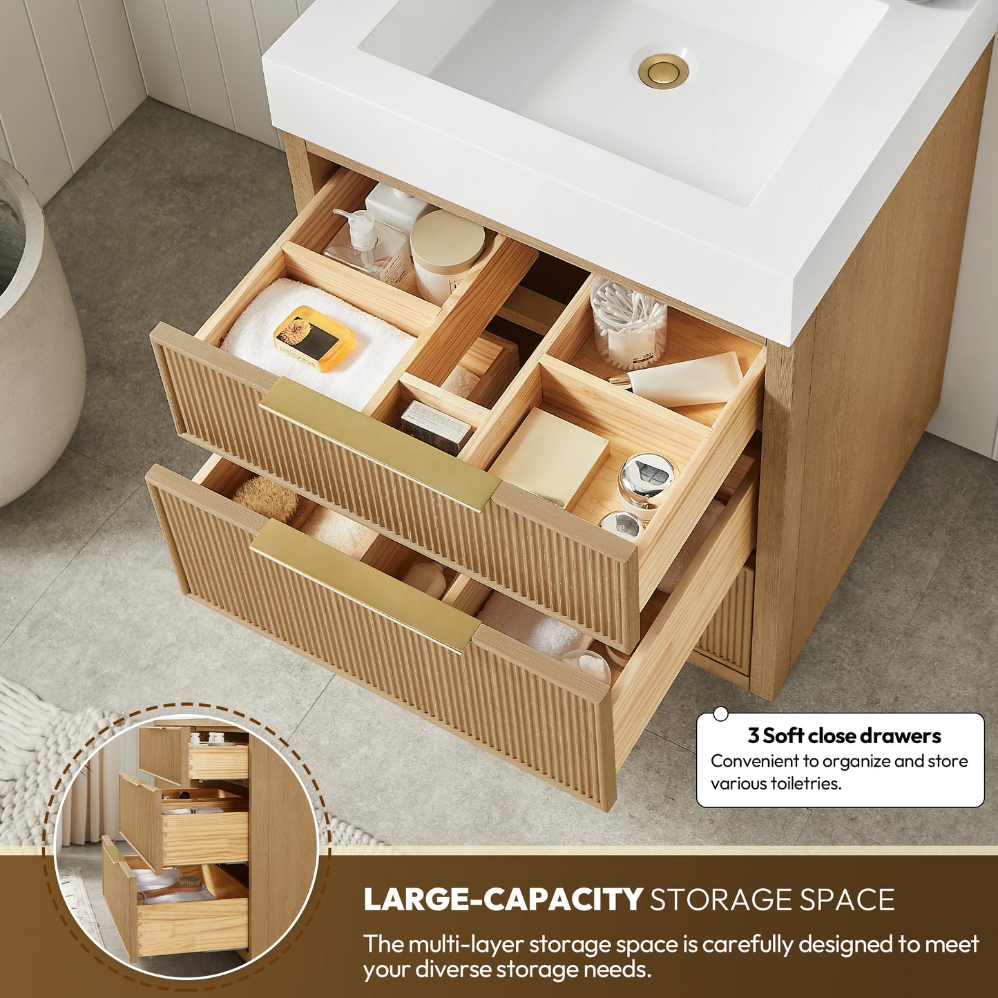 Hohhot 24" Free-standing Single Bath Vanity in Washed Ash Grey with White Integrated Stone Sink Top