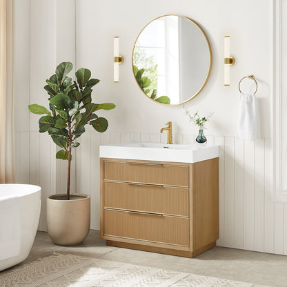 Hohhot 36" Free-standing Single Bath Vanity in Washed Ash Grey with White Integrated Stone Sink Top