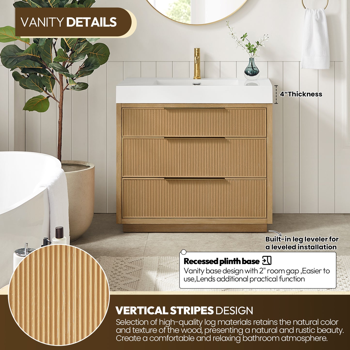 Hohhot 36" Free-standing Single Bath Vanity in Washed Ash Grey with White Integrated Stone Sink Top