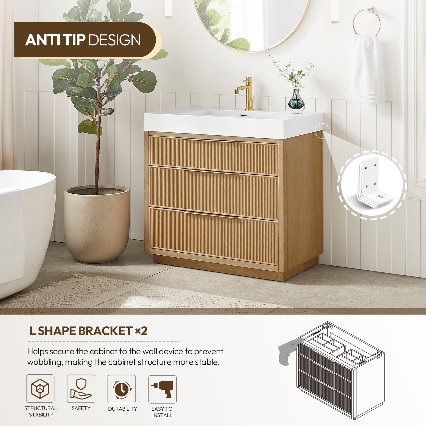 Hohhot 36" Free-standing Single Bath Vanity in Washed Ash Grey with White Integrated Stone Sink Top