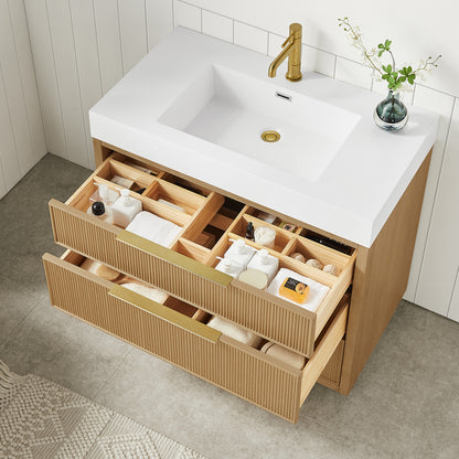 Hohhot 36" Free-standing Single Bath Vanity in Washed Ash Grey with White Integrated Stone Sink Top