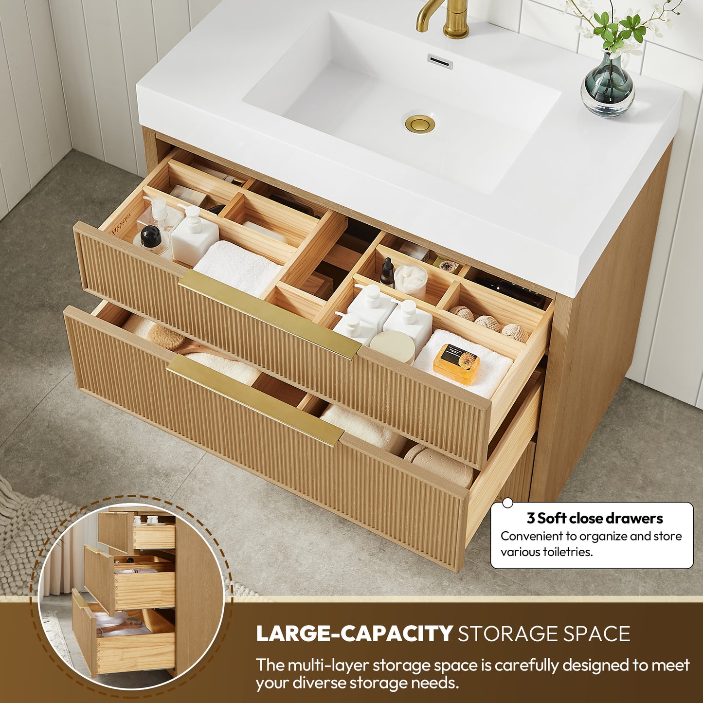 Hohhot 36" Free-standing Single Bath Vanity in Washed Ash Grey with White Integrated Stone Sink Top