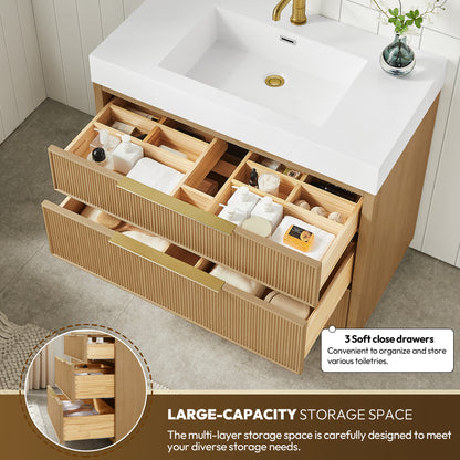 Hohhot 36" Free-standing Single Bath Vanity in Washed Ash Grey with White Integrated Stone Sink Top