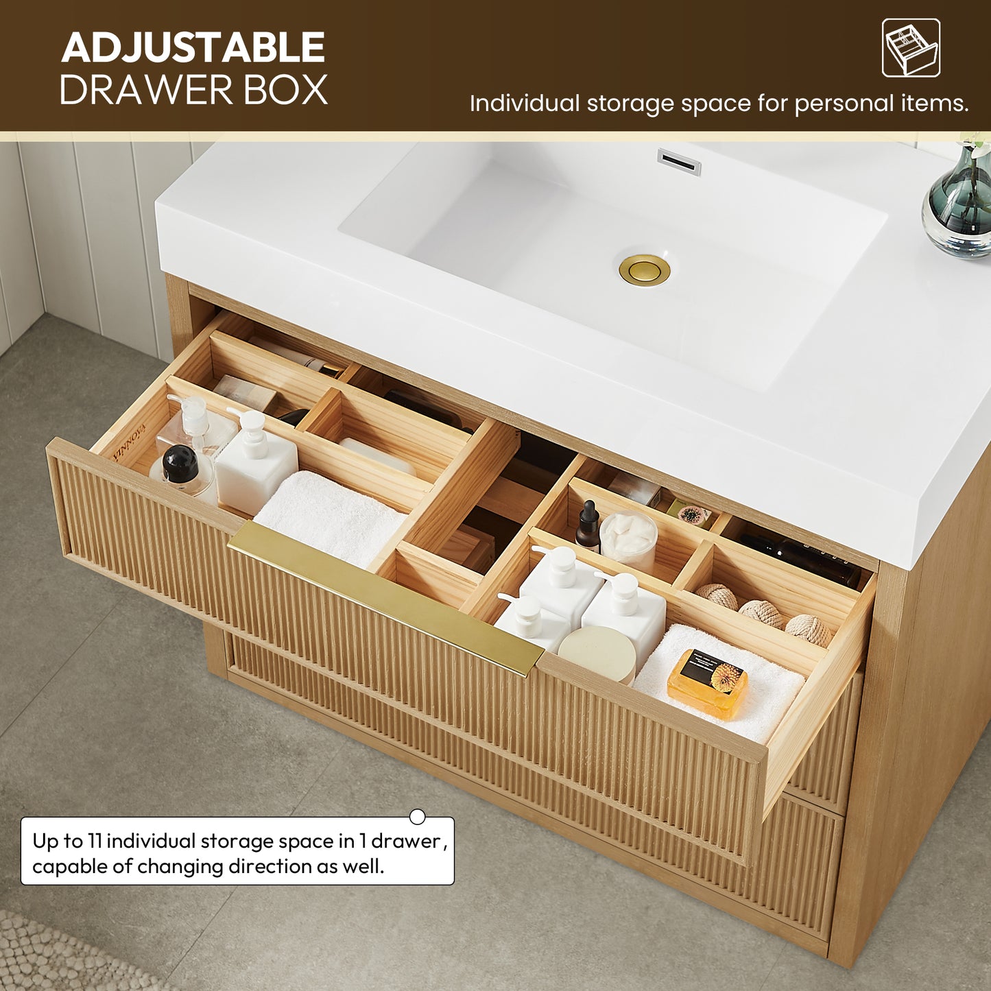 Hohhot 36" Free-standing Single Bath Vanity in Washed Ash Grey with White Integrated Stone Sink Top