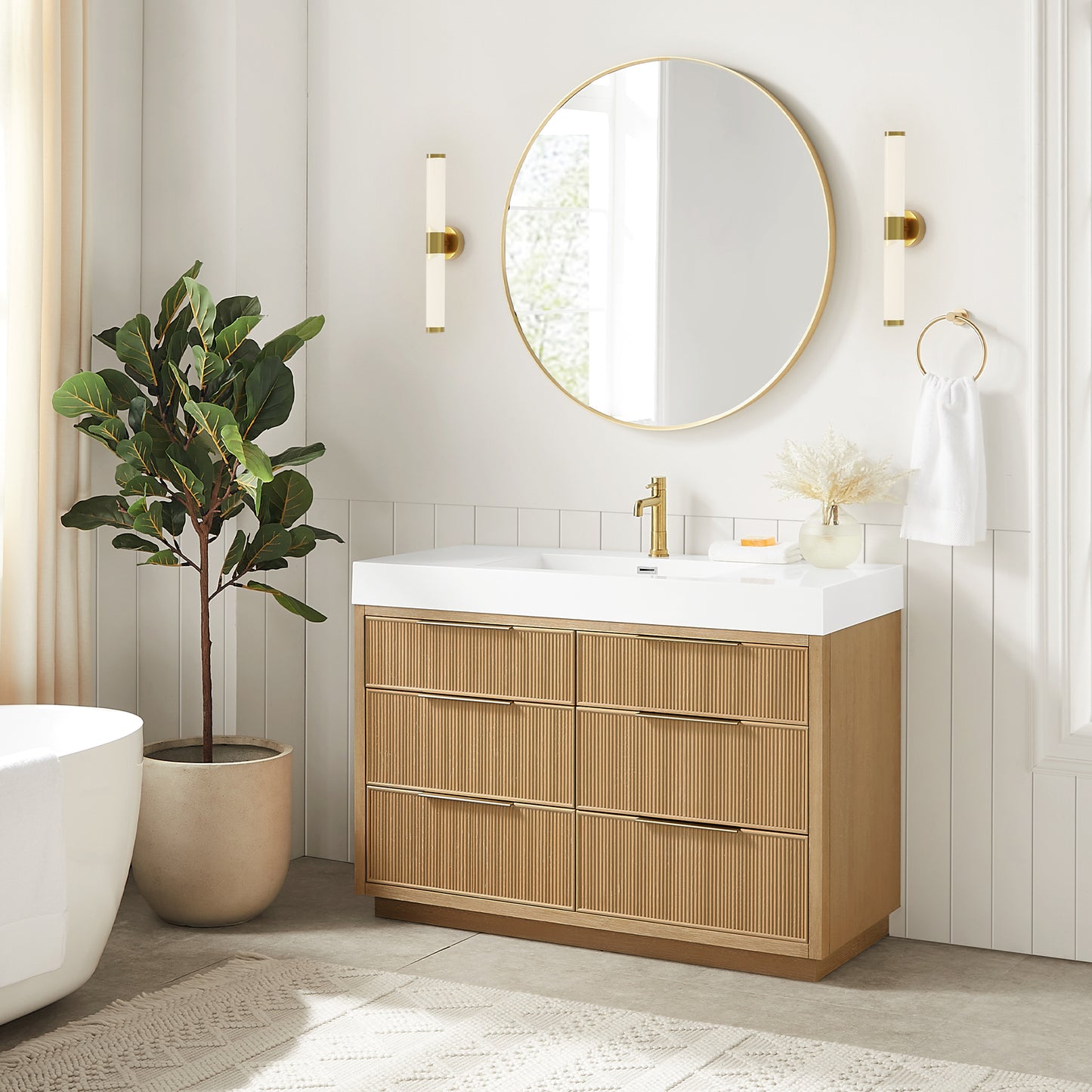 Hohhot 48" Free-standing Single Bath Vanity in Washed Ash Grey with White Integrated Stone Sink Top