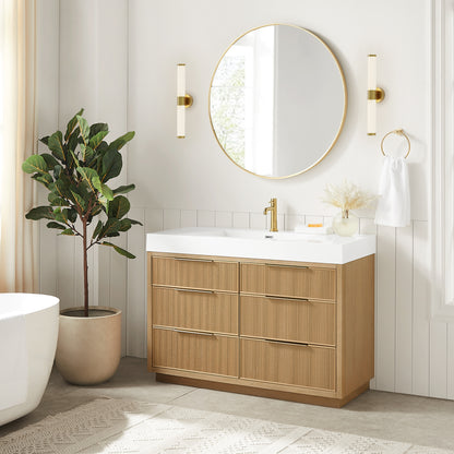 Hohhot 48" Free-standing Single Bath Vanity in Washed Ash Grey with White Integrated Stone Sink Top
