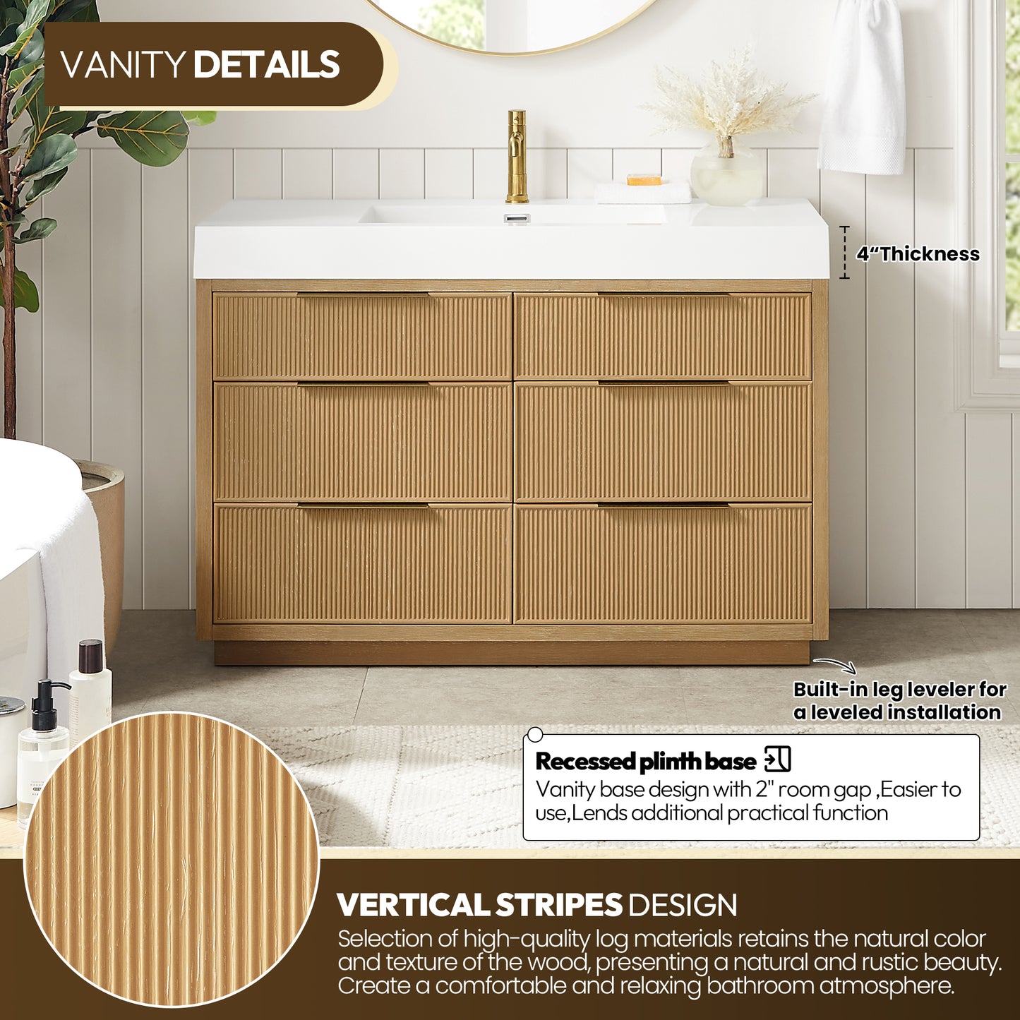 Hohhot 48" Free-standing Single Bath Vanity in Washed Ash Grey with White Integrated Stone Sink Top