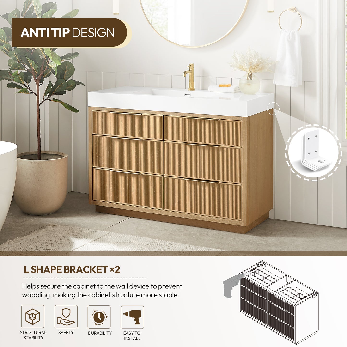 Hohhot 48" Free-standing Single Bath Vanity in Washed Ash Grey with White Integrated Stone Sink Top