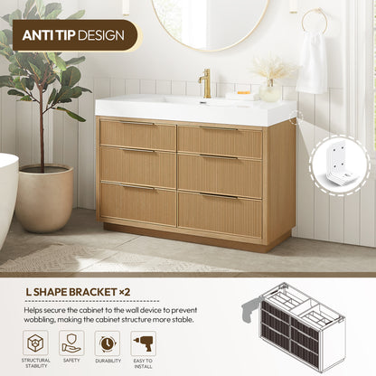 Hohhot 48" Free-standing Single Bath Vanity in Washed Ash Grey with White Integrated Stone Sink Top