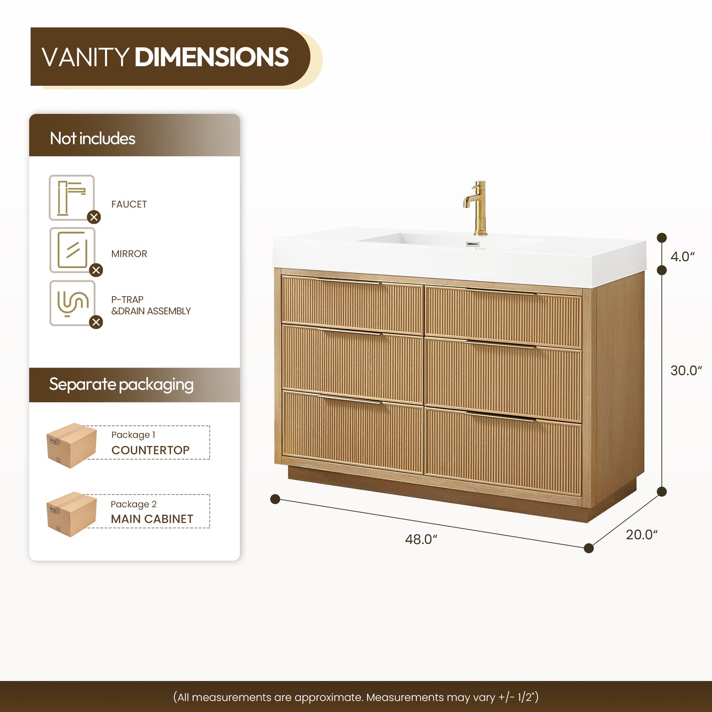 Hohhot 48" Free-standing Single Bath Vanity in Washed Ash Grey with White Integrated Stone Sink Top