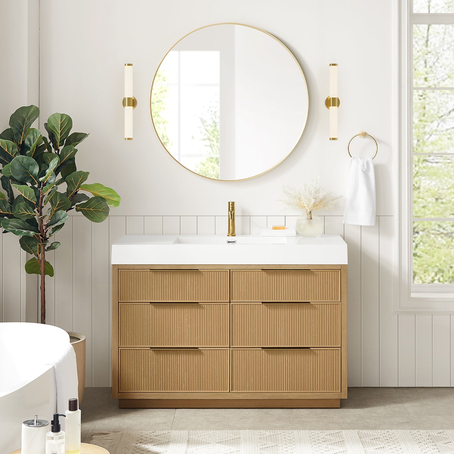 Hohhot 48" Free-standing Single Bath Vanity in Washed Ash Grey with White Integrated Stone Sink Top