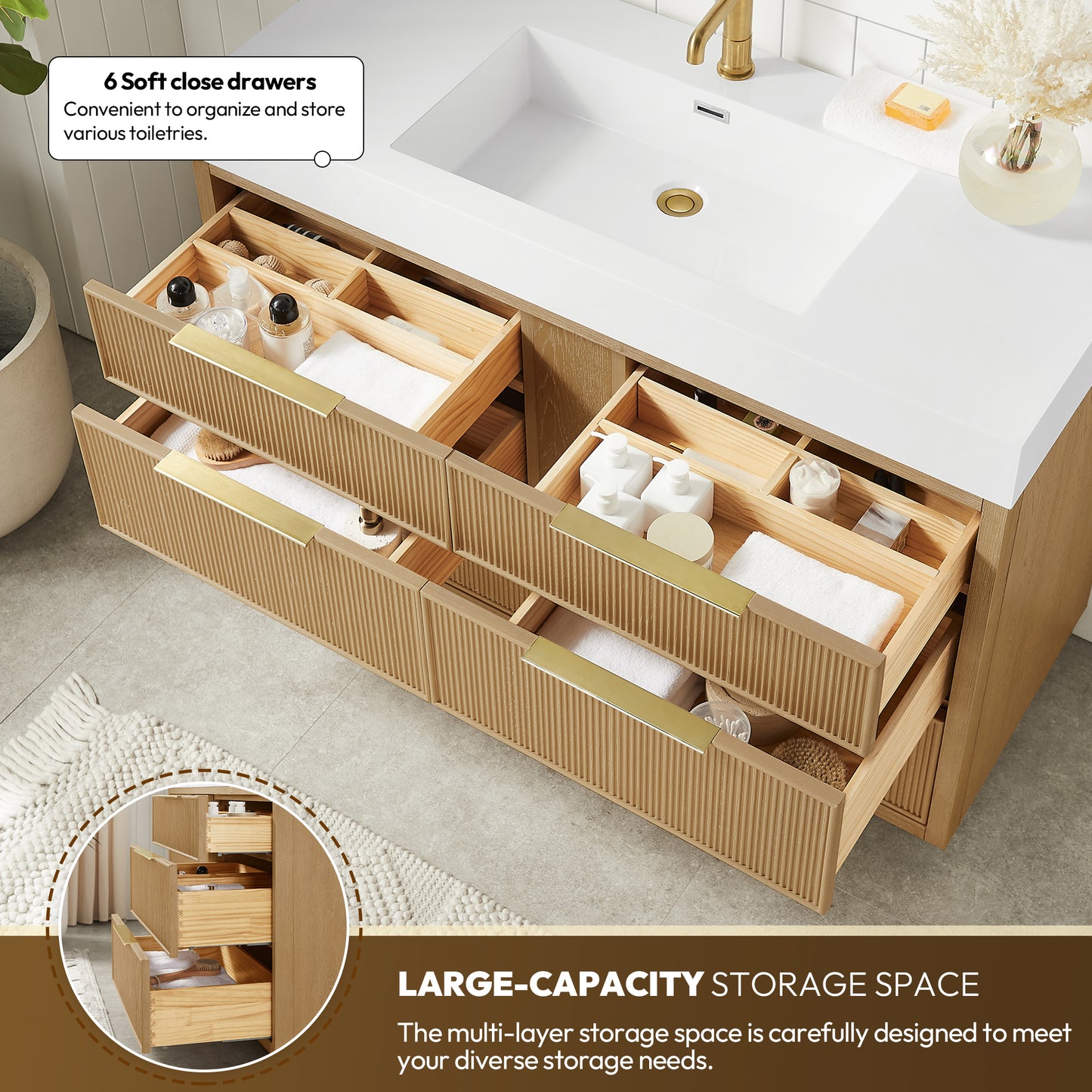 Hohhot 48" Free-standing Single Bath Vanity in Washed Ash Grey with White Integrated Stone Sink Top