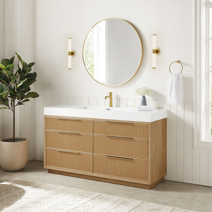 Hohhot 60" Free-standing Single Bath Vanity in Washed Ash Grey with White Integrated Stone Sink Top