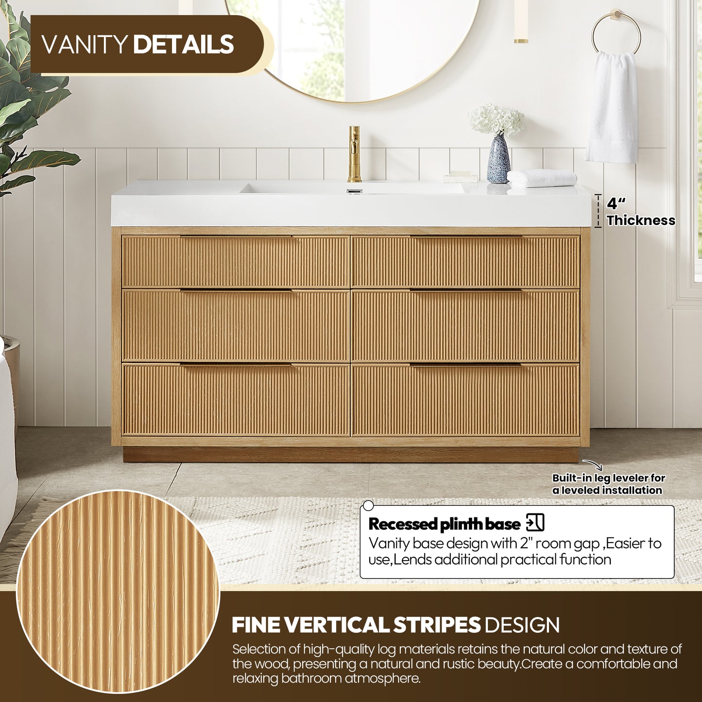 Hohhot 60" Free-standing Single Bath Vanity in Washed Ash Grey with White Integrated Stone Sink Top