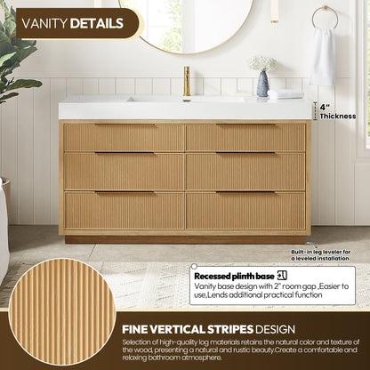 Hohhot 60" Free-standing Single Bath Vanity in Washed Ash Grey with White Integrated Stone Sink Top