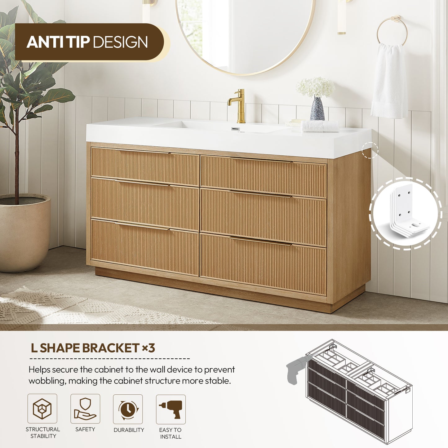 Hohhot 60" Free-standing Single Bath Vanity in Washed Ash Grey with White Integrated Stone Sink Top