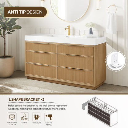 Hohhot 60" Free-standing Single Bath Vanity in Washed Ash Grey with White Integrated Stone Sink Top