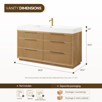 Hohhot 60" Free-standing Single Bath Vanity in Washed Ash Grey with White Integrated Stone Sink Top
