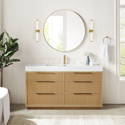 Hohhot 60" Free-standing Single Bath Vanity in Washed Ash Grey with White Integrated Stone Sink Top