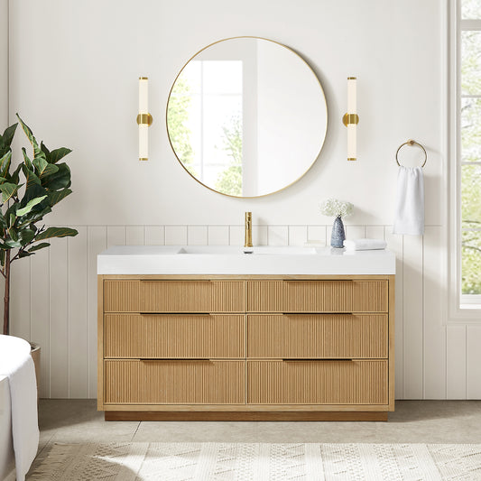 Hohhot 60" Free-standing Single Bath Vanity in Washed Ash Grey with White Integrated Stone Sink Top