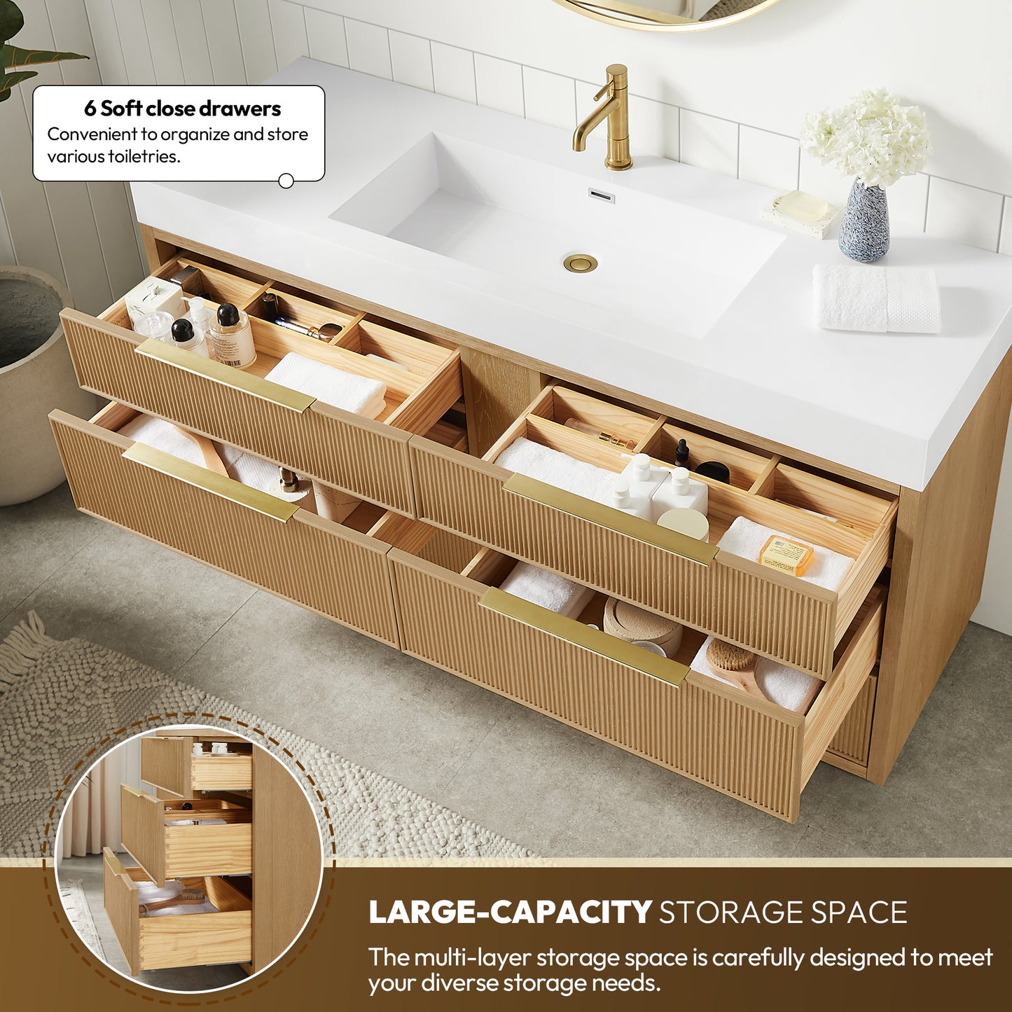 Hohhot 60" Free-standing Single Bath Vanity in Washed Ash Grey with White Integrated Stone Sink Top