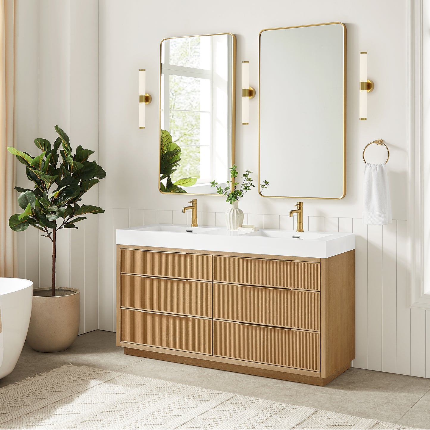 Hohhot 60M" Free-standing Double Bath Vanity in Washed Ash Grey with White Integrated Stone Sink Top