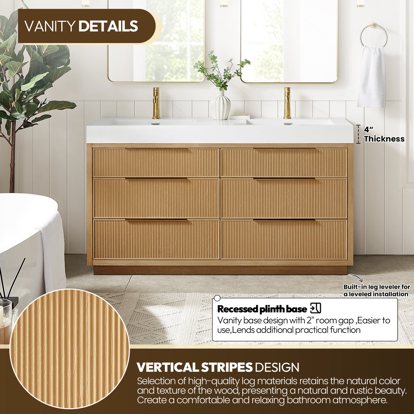 Hohhot 60M" Free-standing Double Bath Vanity in Washed Ash Grey with White Integrated Stone Sink Top
