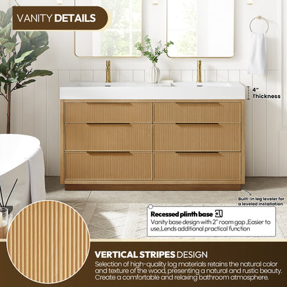 Hohhot 60M" Free-standing Double Bath Vanity in Washed Ash Grey with White Integrated Stone Sink Top