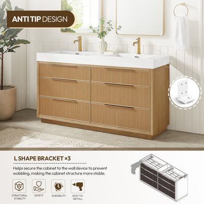 Hohhot 60M" Free-standing Double Bath Vanity in Washed Ash Grey with White Integrated Stone Sink Top