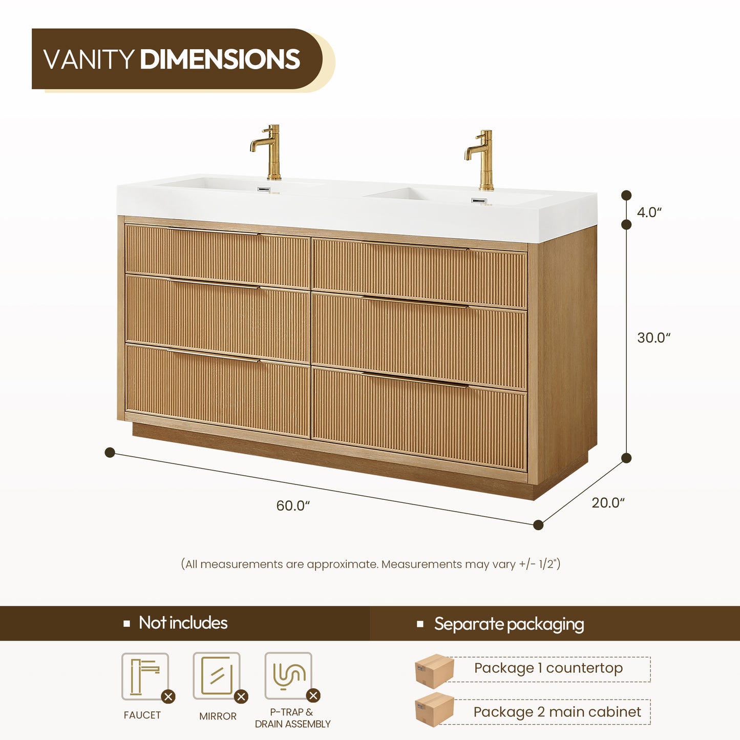 Hohhot 60M" Free-standing Double Bath Vanity in Washed Ash Grey with White Integrated Stone Sink Top