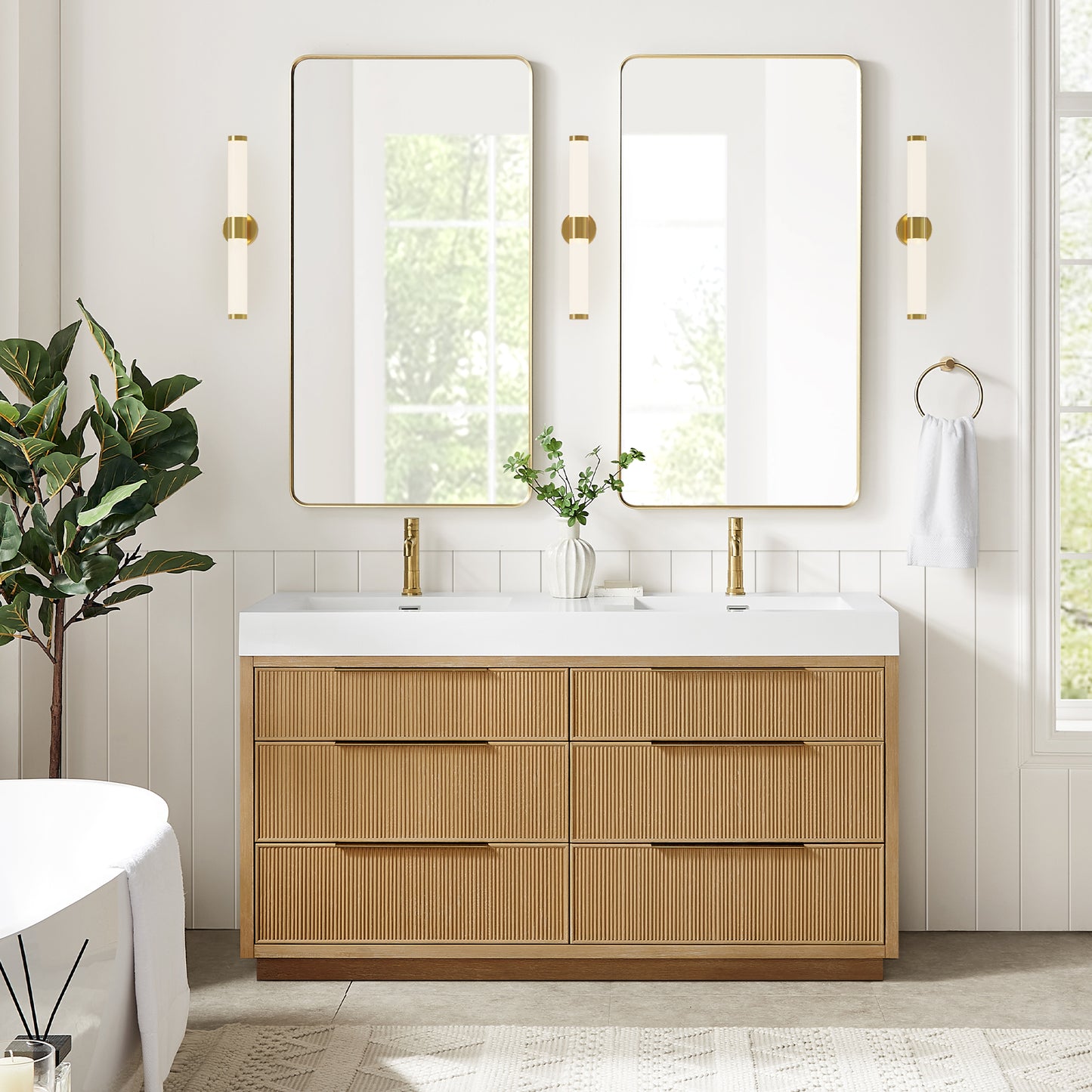 Hohhot 60M" Free-standing Double Bath Vanity in Washed Ash Grey with White Integrated Stone Sink Top