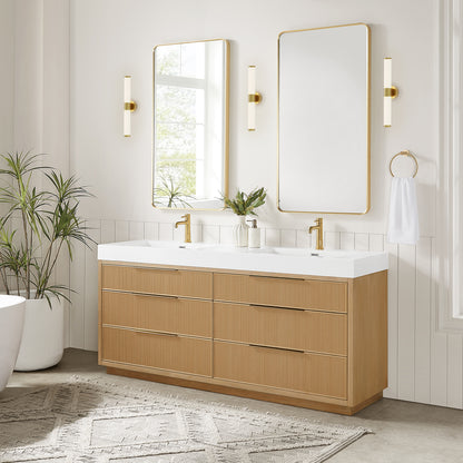 Hohhot 72" Free-standing Double Bath Vanity in Washed Ash Grey with White Integrated Stone Sink Top