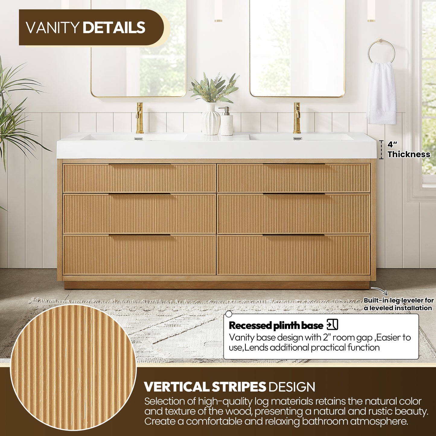 Hohhot 72" Free-standing Double Bath Vanity in Washed Ash Grey with White Integrated Stone Sink Top