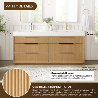 Hohhot 72" Free-standing Double Bath Vanity in Washed Ash Grey with White Integrated Stone Sink Top