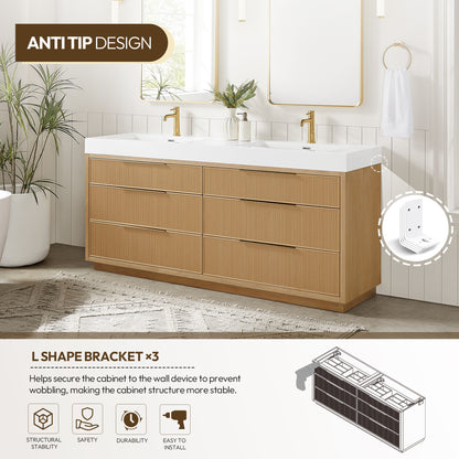 Hohhot 72" Free-standing Double Bath Vanity in Washed Ash Grey with White Integrated Stone Sink Top