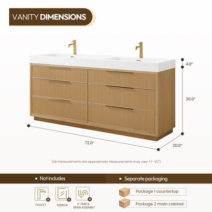 Hohhot 72" Free-standing Double Bath Vanity in Washed Ash Grey with White Integrated Stone Sink Top