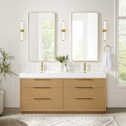Hohhot 72" Free-standing Double Bath Vanity in Washed Ash Grey with White Integrated Stone Sink Top