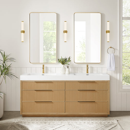 Hohhot 72" Free-standing Double Bath Vanity in Washed Ash Grey with White Integrated Stone Sink Top