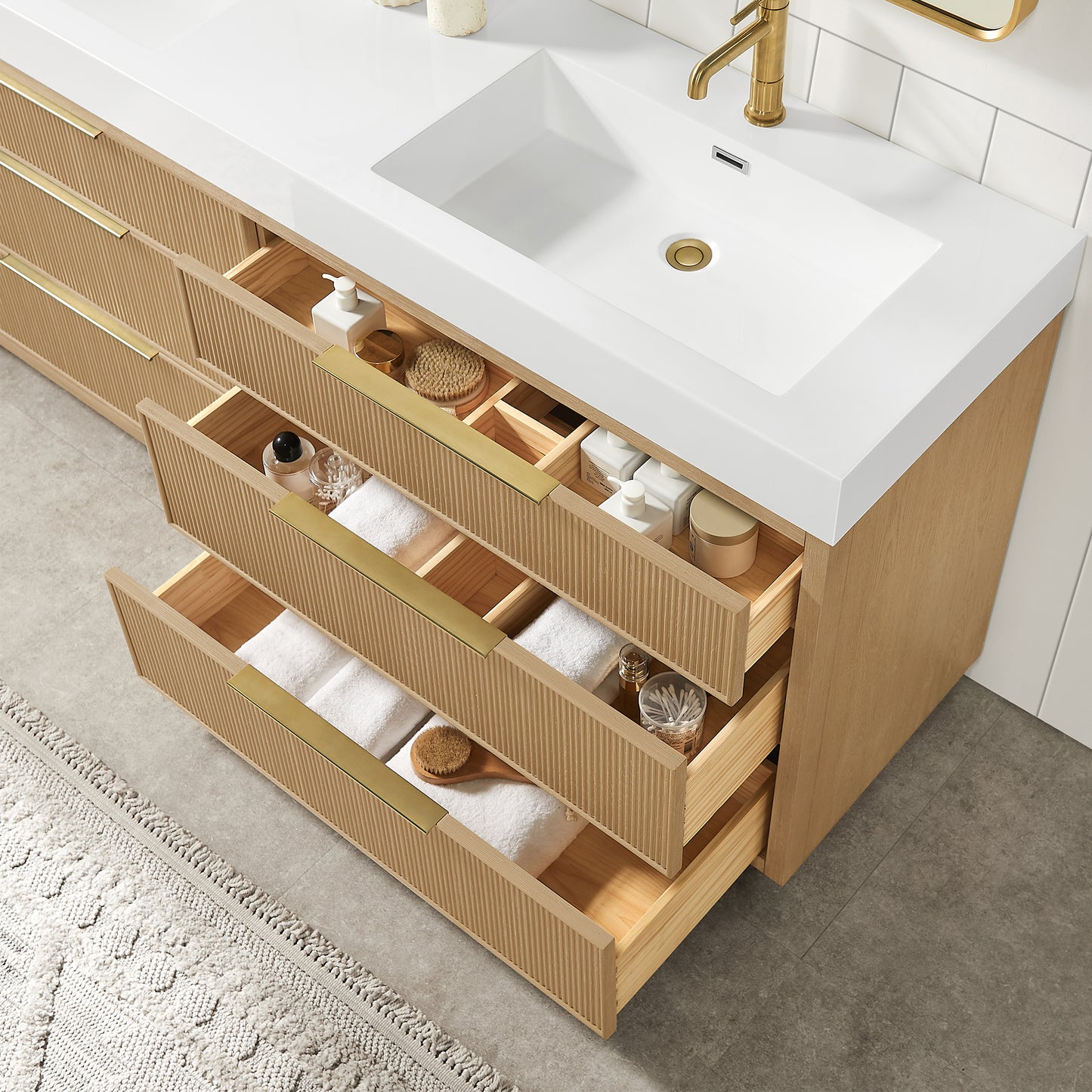 Hohhot 72" Free-standing Double Bath Vanity in Washed Ash Grey with White Integrated Stone Sink Top