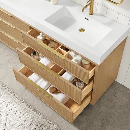 Hohhot 72" Free-standing Double Bath Vanity in Washed Ash Grey with White Integrated Stone Sink Top