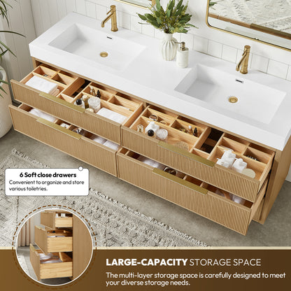 Hohhot 72" Free-standing Double Bath Vanity in Washed Ash Grey with White Integrated Stone Sink Top