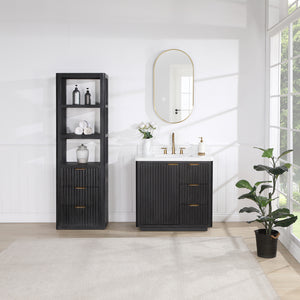Open image in slideshow, Cádiz 36in. Free-standing Single Bathroom Vanity in Fir Wood Black with Composite top in Lightning White

